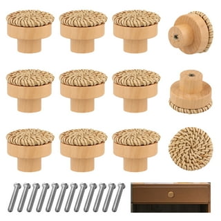 Boho Rattan Dresser Knobs Round Wooden Drawer Knobs,Handmade Wicker Woven  and Screws for Boho Furniture (Natural,16 Knobs and 16 Screws) 