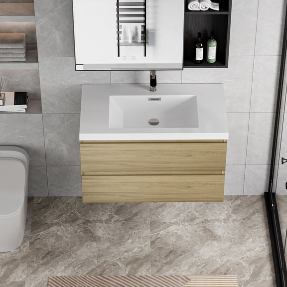 36" Floating Bathroom Vanity with Sink, Modern Bathroom Sink Cabinet with Resin Top Basin and Soft Close Drawers, Modern Wall Mounted Bathroom Storage Vanity Cabinet, Natural Oka