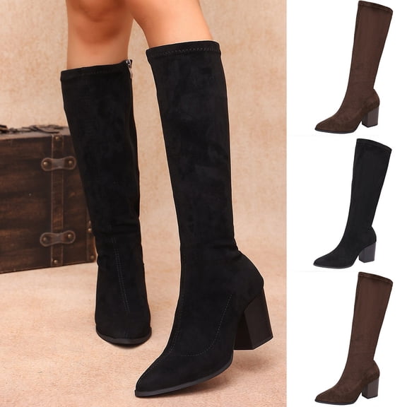 Women Pointed Toe Block Heel Knee High Boots, Stretch Suede Side Zipper Tall Boots, Slim Fit Fashion Long Booties Brown 9(42)