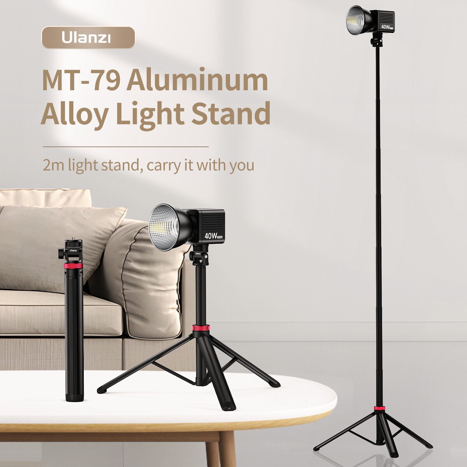 Ulanzi MT-79 Extendable Tripod Light Stand with 1/4" Screw, Adjustable 180° Aluminum Tripod for DSLR Cameras, Smartphones, Action Cameras, and LED Fill Lights, Portable 39–207cm Stand