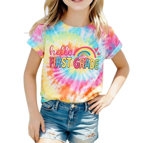 Kiijoy T-Shirt for Girls Back To School Tie Dye Short Sleeve Tshirt Kids Top, Sizes 2-3