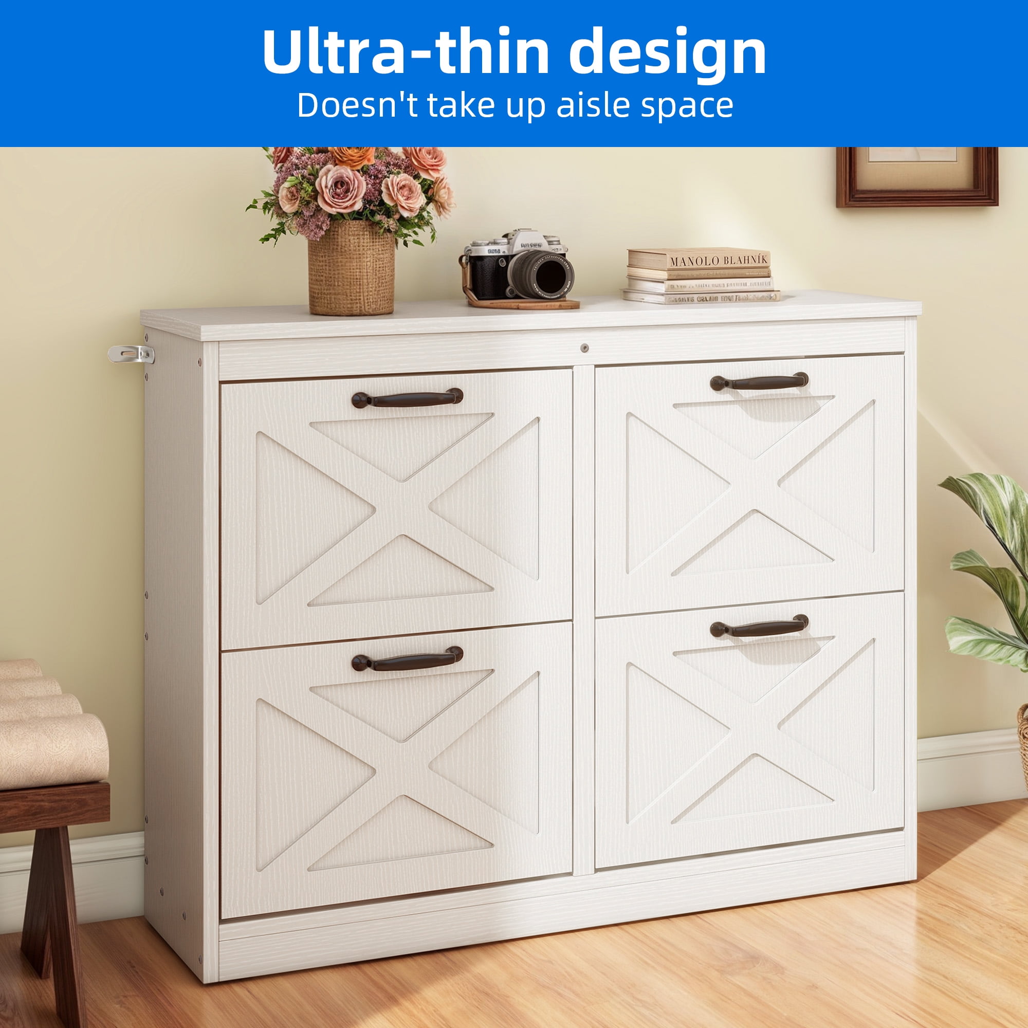 Uforic Shoe Storage Cabinet with 4 Flip Drawers, Farmhouse Wood Shoe Cabinet, FreeStanding Narrow Shoe Rack Organizer with Metal Legs for Entryway, Hallway, White