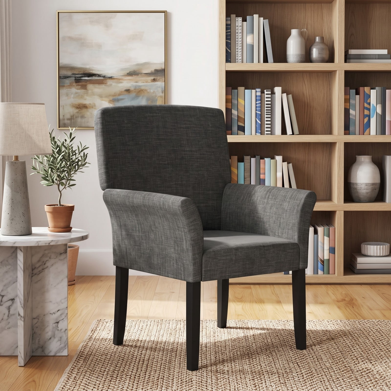Furnibear Executive Guest Chair, Reception Waiting Room Arm Chair with Padded Armrests, Ergonomic Linen Velvet Accent Chair, Rubber Wood Legs, 330 lbs Capacity, Gray