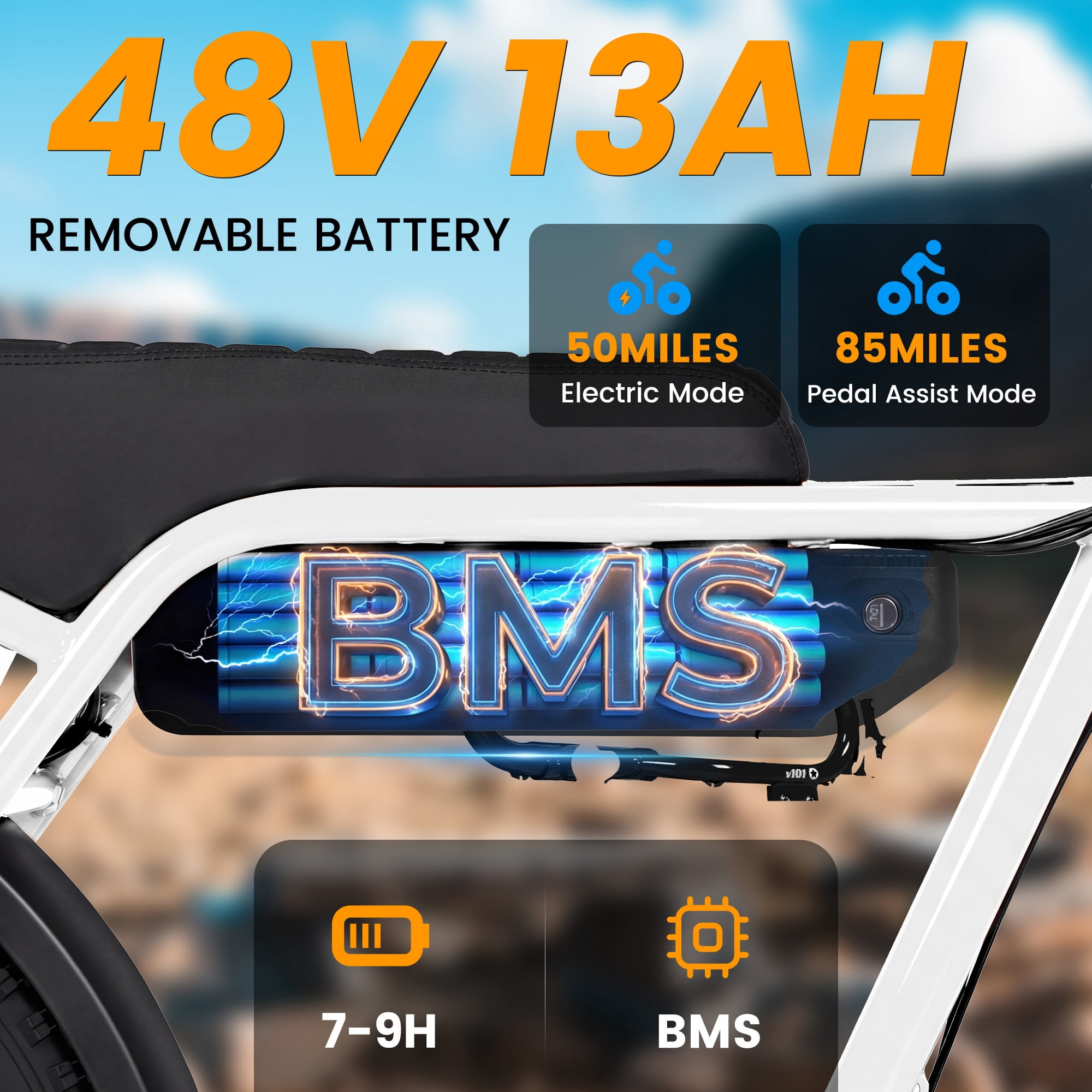 Eskute V101 Electric Bike for Adults & Teens – 28 MPH, 750W (Peak 1500W), 48V 13Ah Battery, 16"x4.0" Fat Tires, 7-Speed, Front Suspension, White with Phonebag & Lock, UL2849