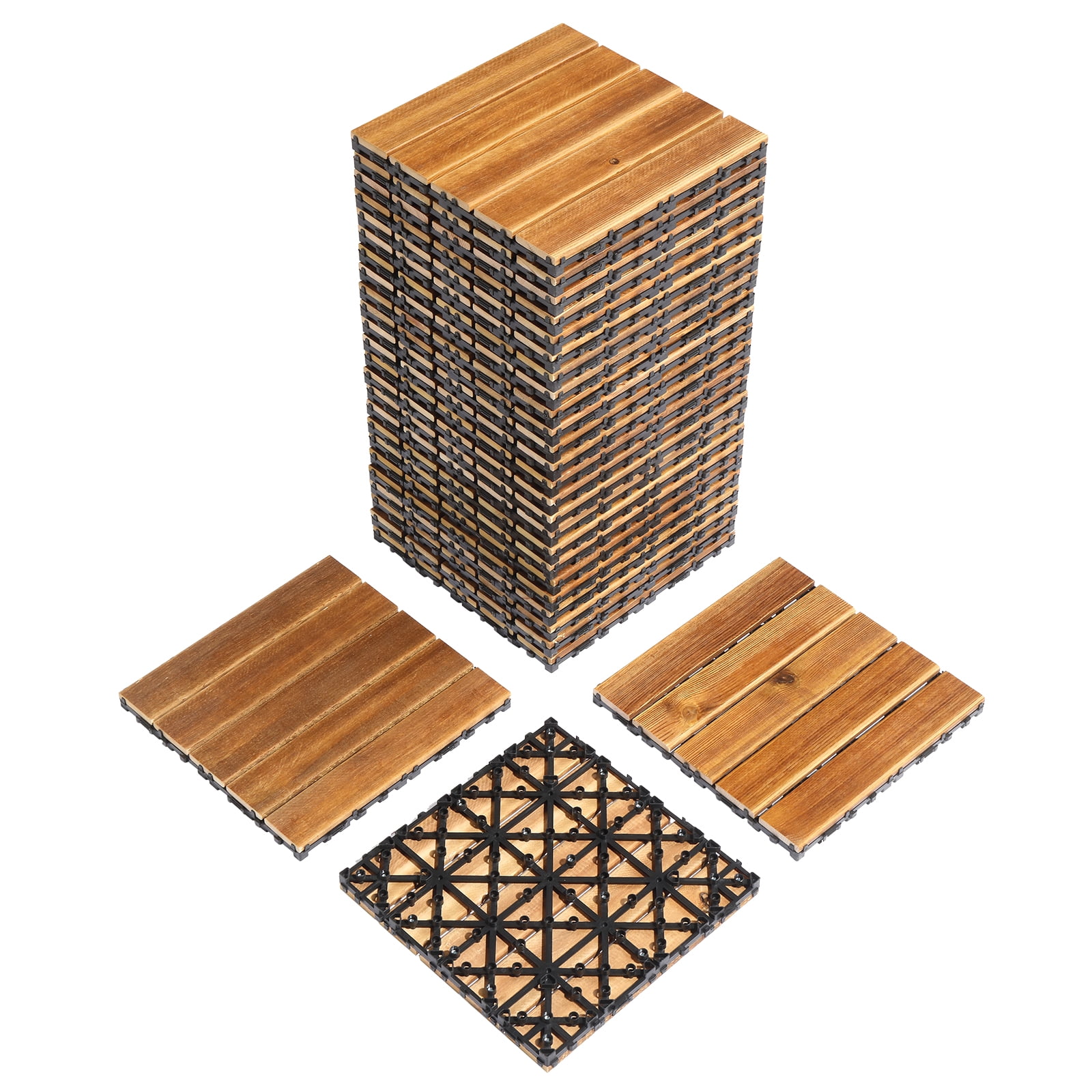 27pcs Wood Interlocking Deck Tiles 11.8"x11.8", Waterproof Flooring Tiles for Indoor and Outdoor, Patio Wood Flooring for Patio Porch Poolside Balcony Backyard, Stripe Pattern