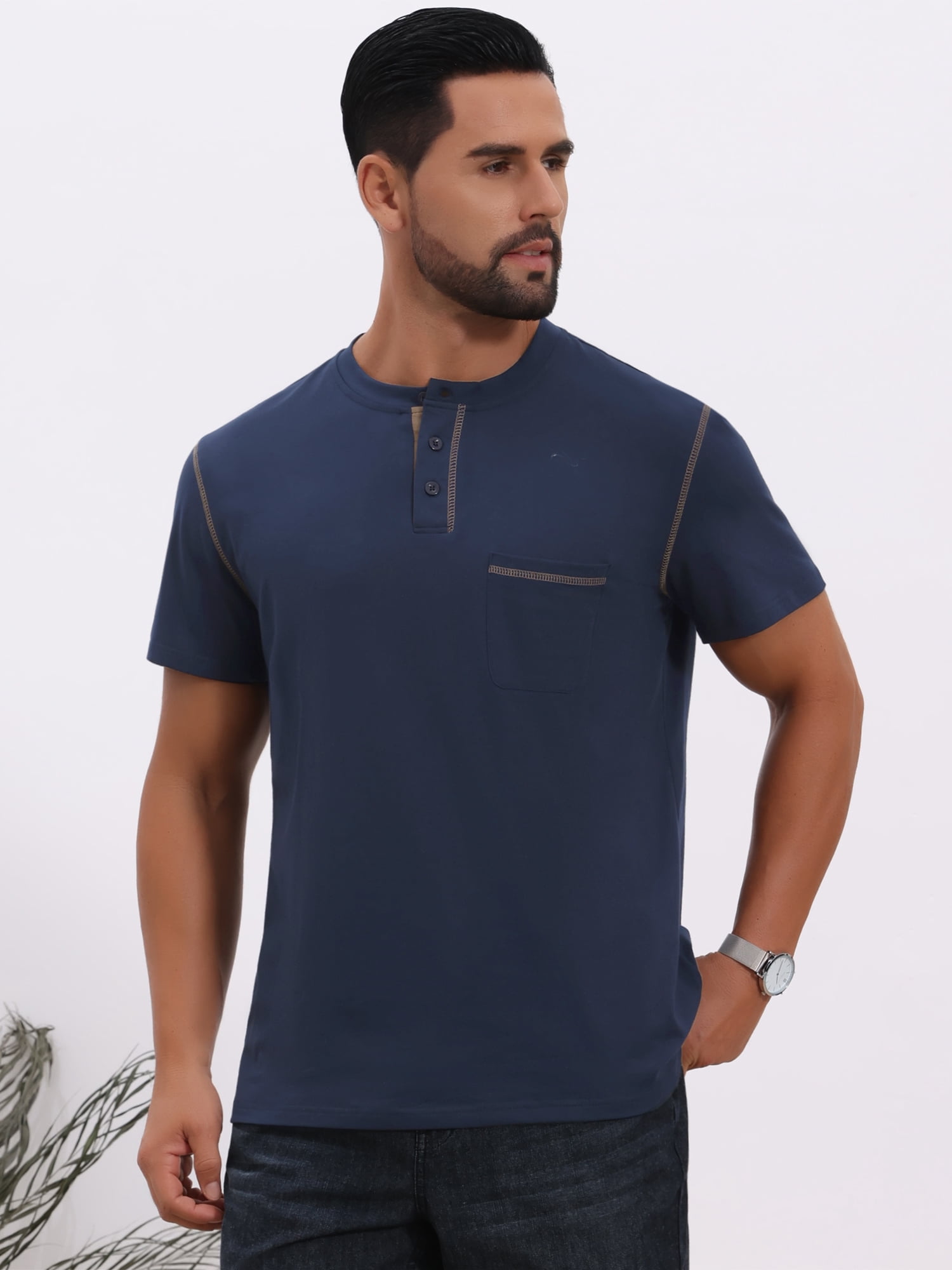 DARING DIVA Men's Henley Crew Neck Short Sleeve Button Down T-Shirt M Navy Blue
