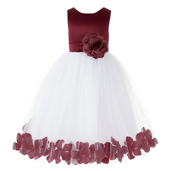 Ekidsbridal Girl Pageant Flower Girl Dress - Burgundy Satin with Floral Rose Petals 302S-A (Size: S-16)