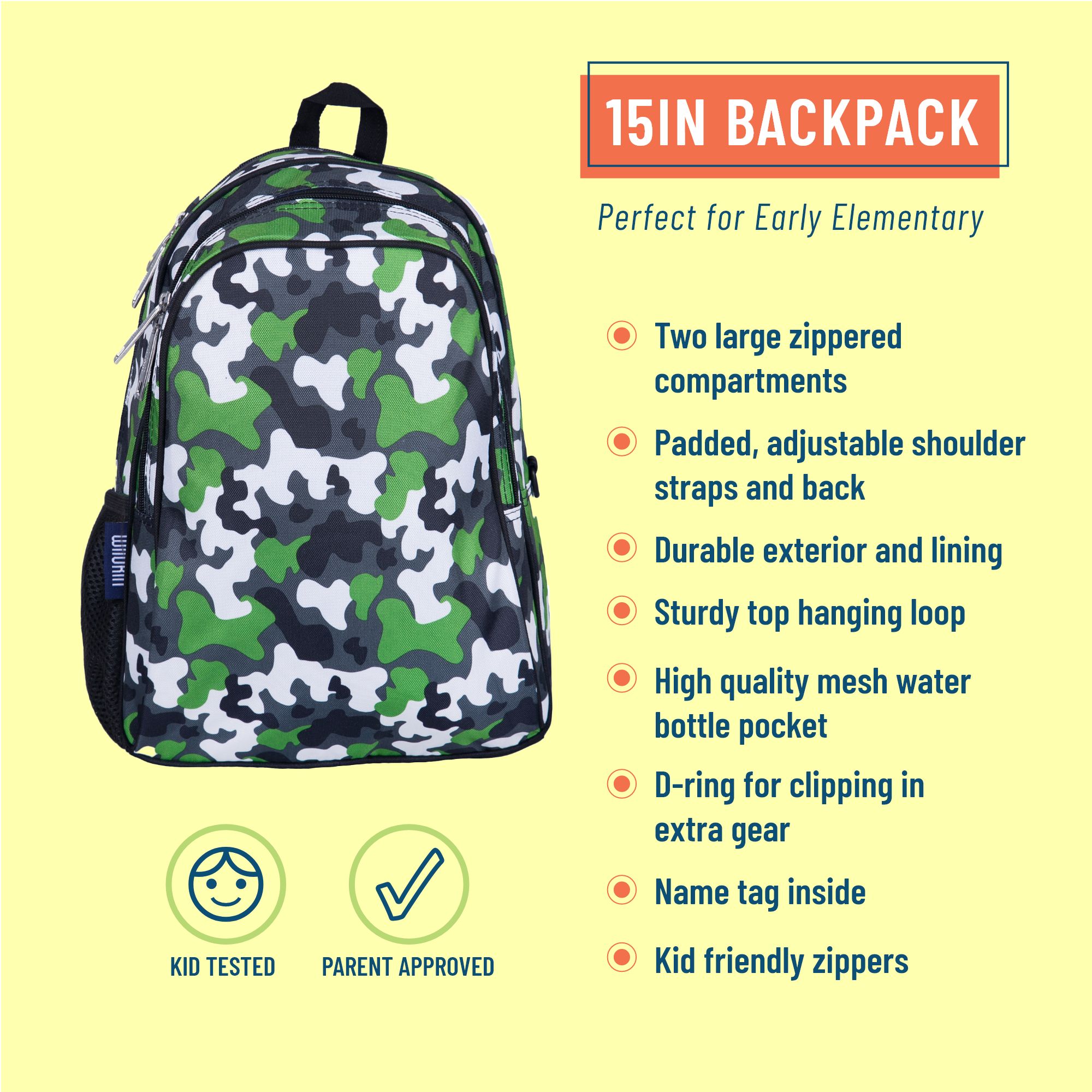 Wildkin Kids 15 Inch School and Travel Backpack for Boys and Girls (Green Camo) - image 3 of 7