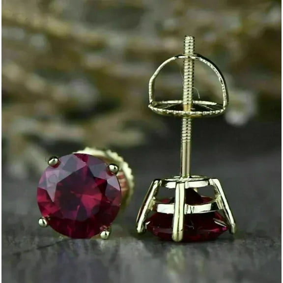 2Ct Round Cut Lab Created Red Ruby Women's Stud Earrings 14K Yellow Gold Plated