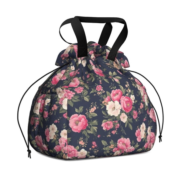Pioneer Flower Drawstring Lunch Bag Women - Drawstring Lunch Bag Insulated for Work Office - Stain-Resistant Large Lunchbags for Women with Multi-Pockets