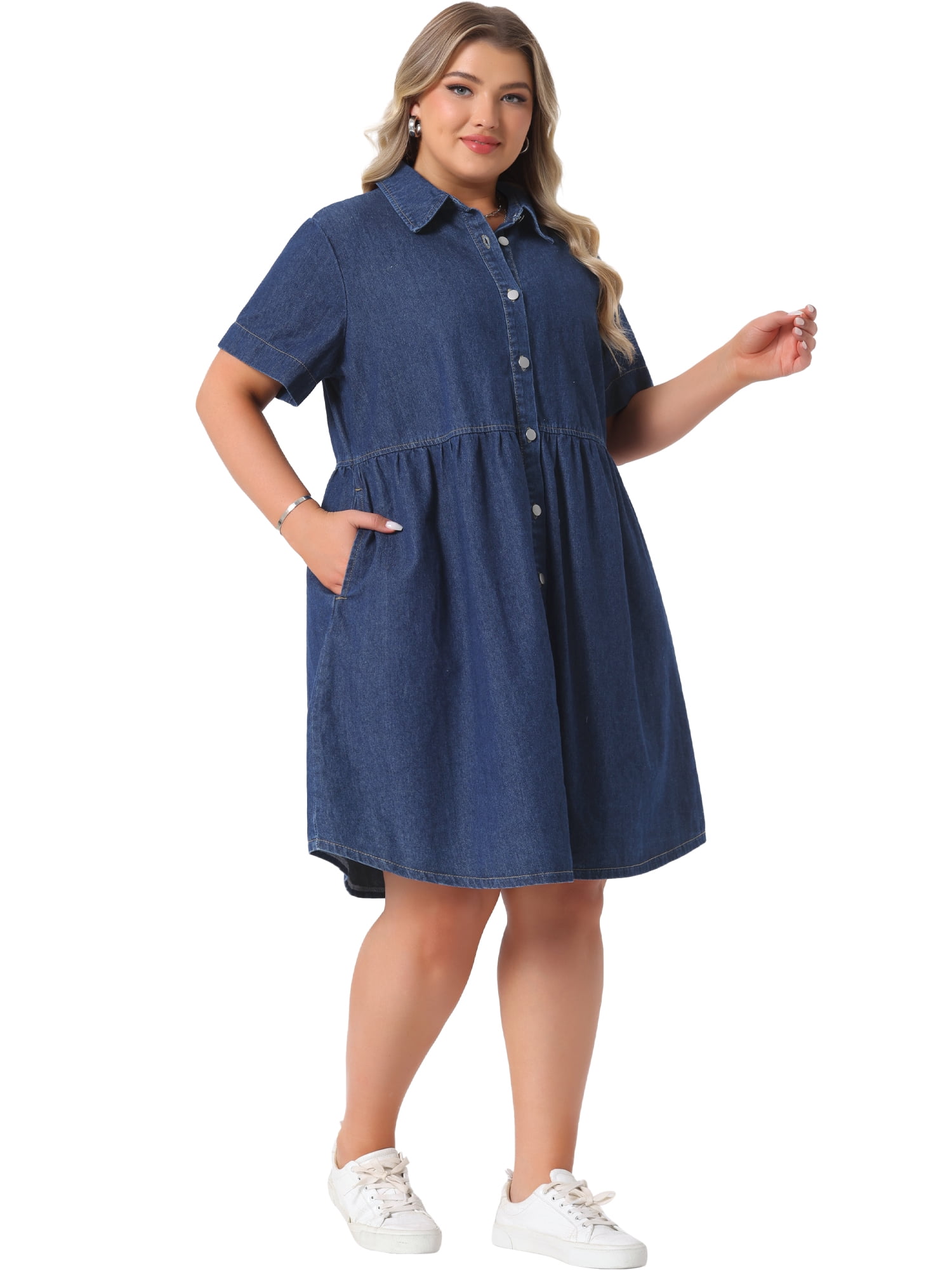 DARING DIVA Women's Plus Size Casual Denim Babydoll Pockets Dress 1X Dark Blue