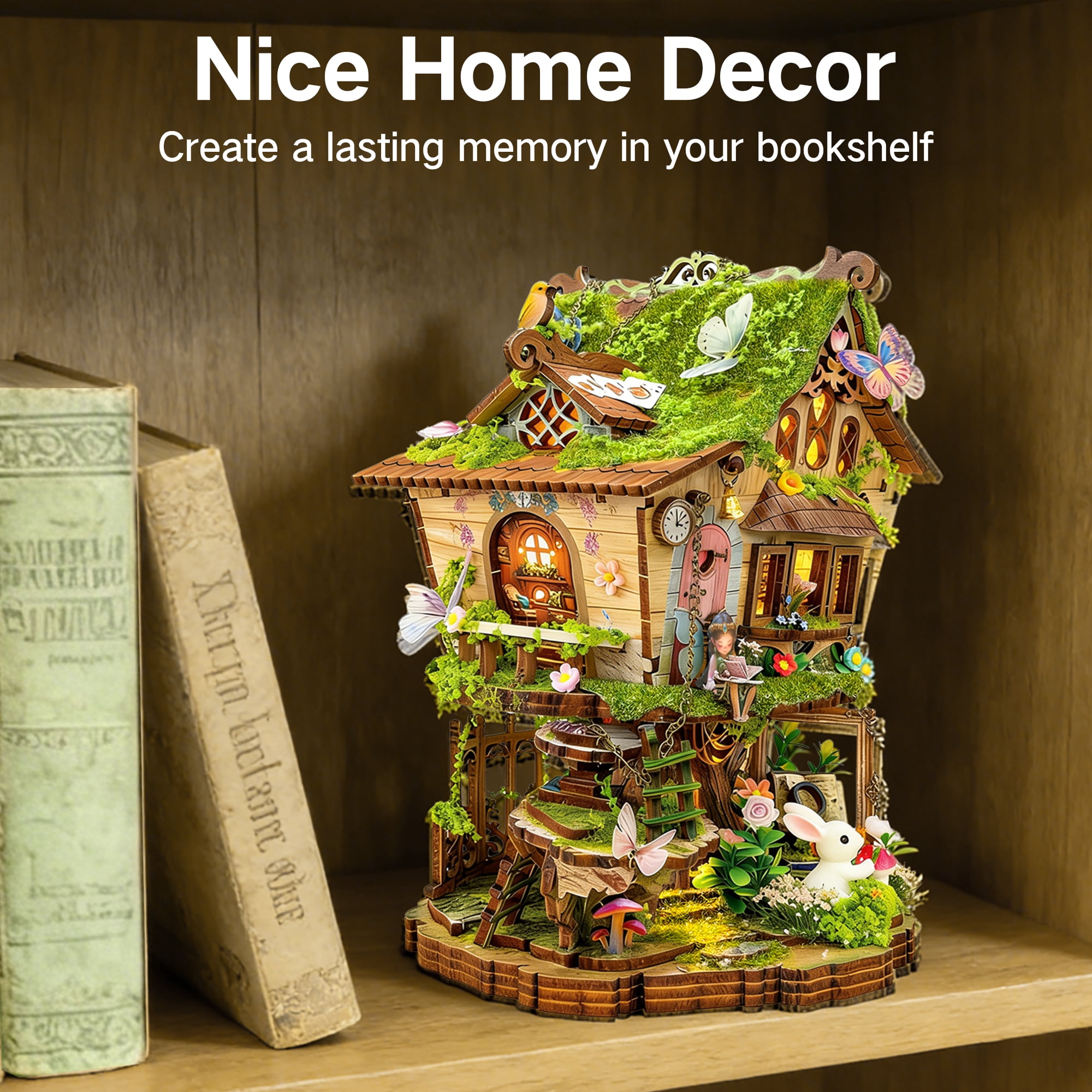 BELEEV 3D Wooden Puzzle Model Building Kit, Miniature House Kit with LED Light, Fantasy Tree House Book Nook Kit for Adults, Dollhouse Bookshelf Decor, Creative DIY Crafts Gift for Teens Adults