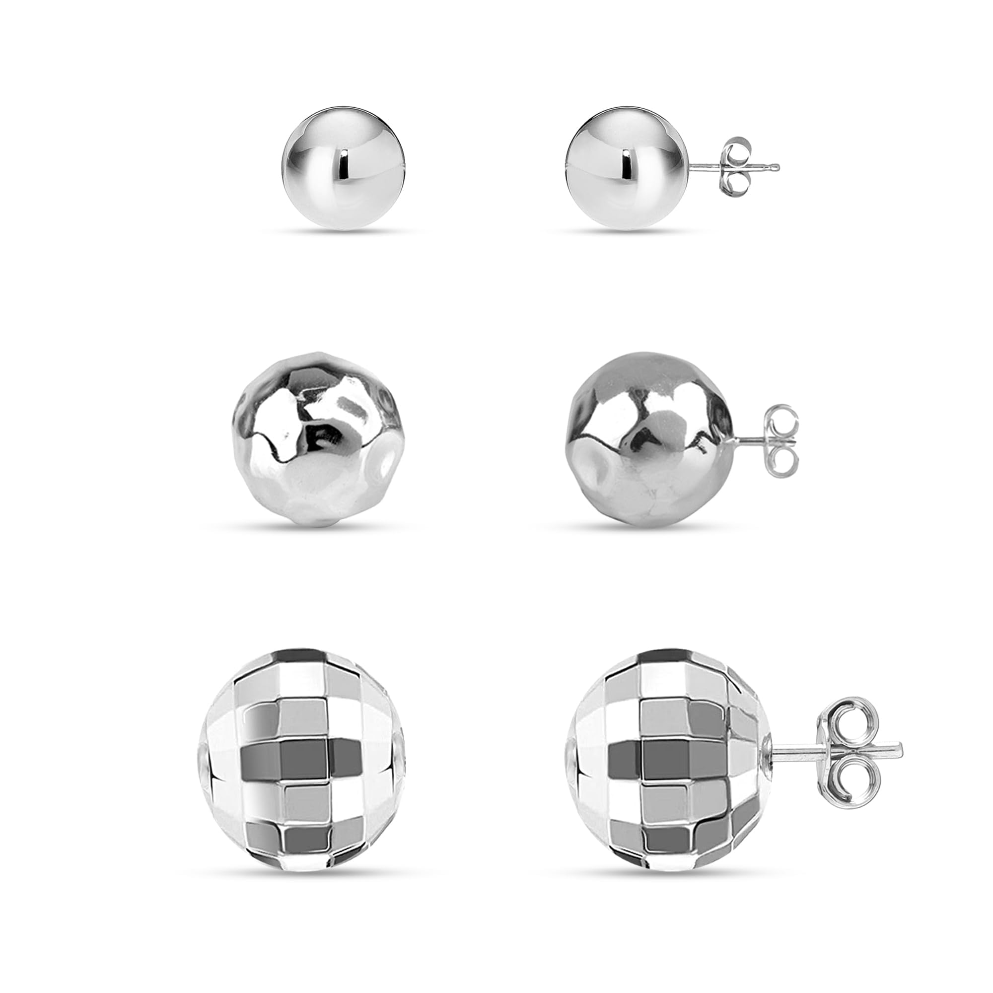 LeCalla 925 Sterling Silver Hypoallergenic Light-Weight Classic, Hammered and Disco Small Ball Stud Earrings for Women and Teen Set of 3 Pairs (3MM, 6MM, 8MM)