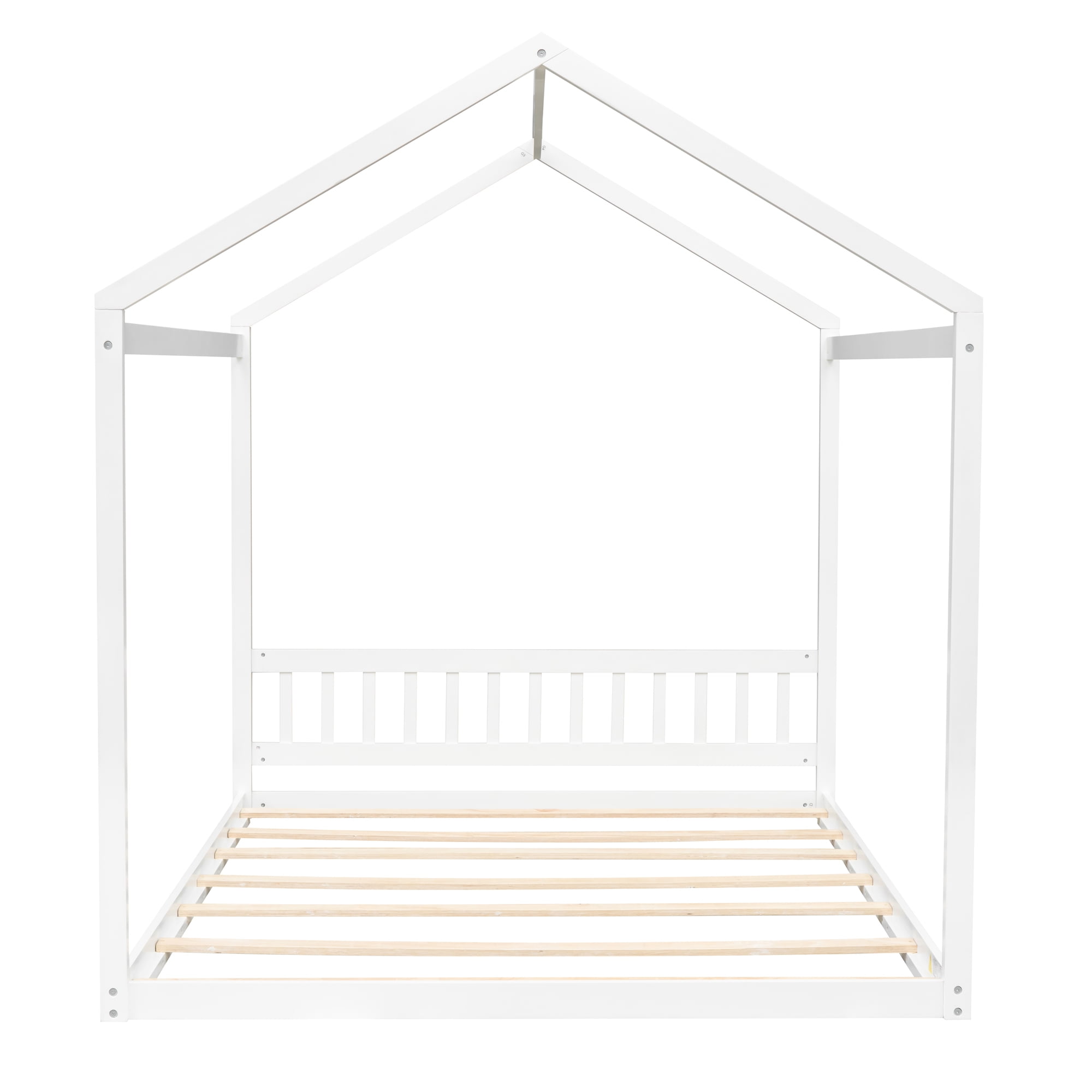Harper & Bright Designs Queen Size Floor House Bed for Kids, Wood Montessori Bed with Headboard, Full House Bed with Roof for Girls & Boys, White