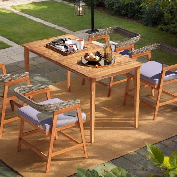 Yardi Yarda 5 Piece Patio Dining Set with Rattan Backrest and Cushions, Solid Wood Patio Furniture Set for Outdoor as Yard, Brown