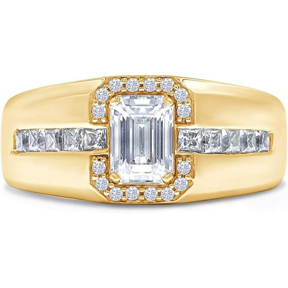 Men's Halo Engagement Wedding Band Ring Emerald & Princess,Round Cut White Diamond 14K Yellow Gold Over 925 Sterling Silver