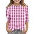 thumbnail image 3 of CCRFTGI Girls Shirts Cute Plaid Shirt Graphic Tees for Kids Summer Girls Fashion 3/4 Sleeve Tops Crewneck T Shirts Hot Pink 7-8 Years, 3 of 6