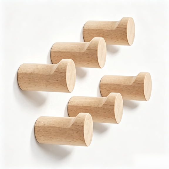 Beech Wood Wall Hooks 6 Pack, Wall Mounted Coat Hooks for Hanging Clothes Hat Towel