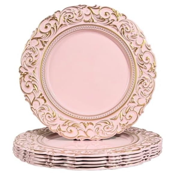 Pink Charger Plates with Gold Embossed Rim Plate Chargers for Dinner Plates. Set of 6 13 Inch Plastic Charger for Dinner and Party Table Settings.