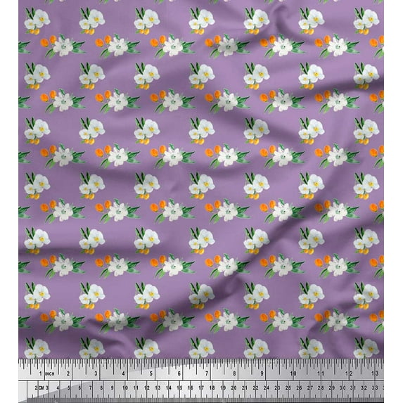 Soimoi Purple polyester Crepe Fabric Leaves & Anemone Floral Print Fabric by the Yard 42 Inch Wide