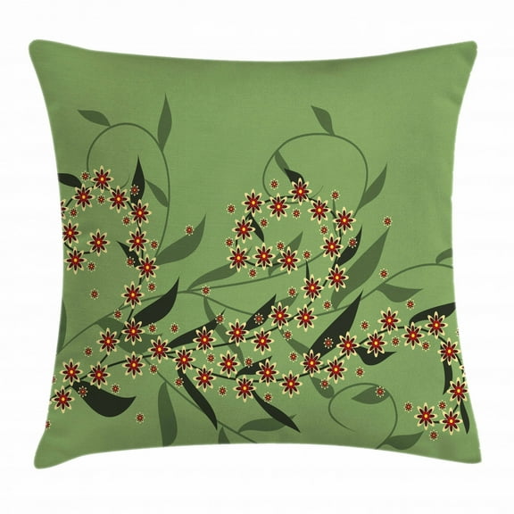Floral Throw Pillow Cushion Cover, Retro Blooming Graphic Spring Flowers on Curvy Branches Botanical Garden Theme, Decorative Square Accent Pillow Case, 24 X 24 Inches, Olive Green Red, by Ambesonne