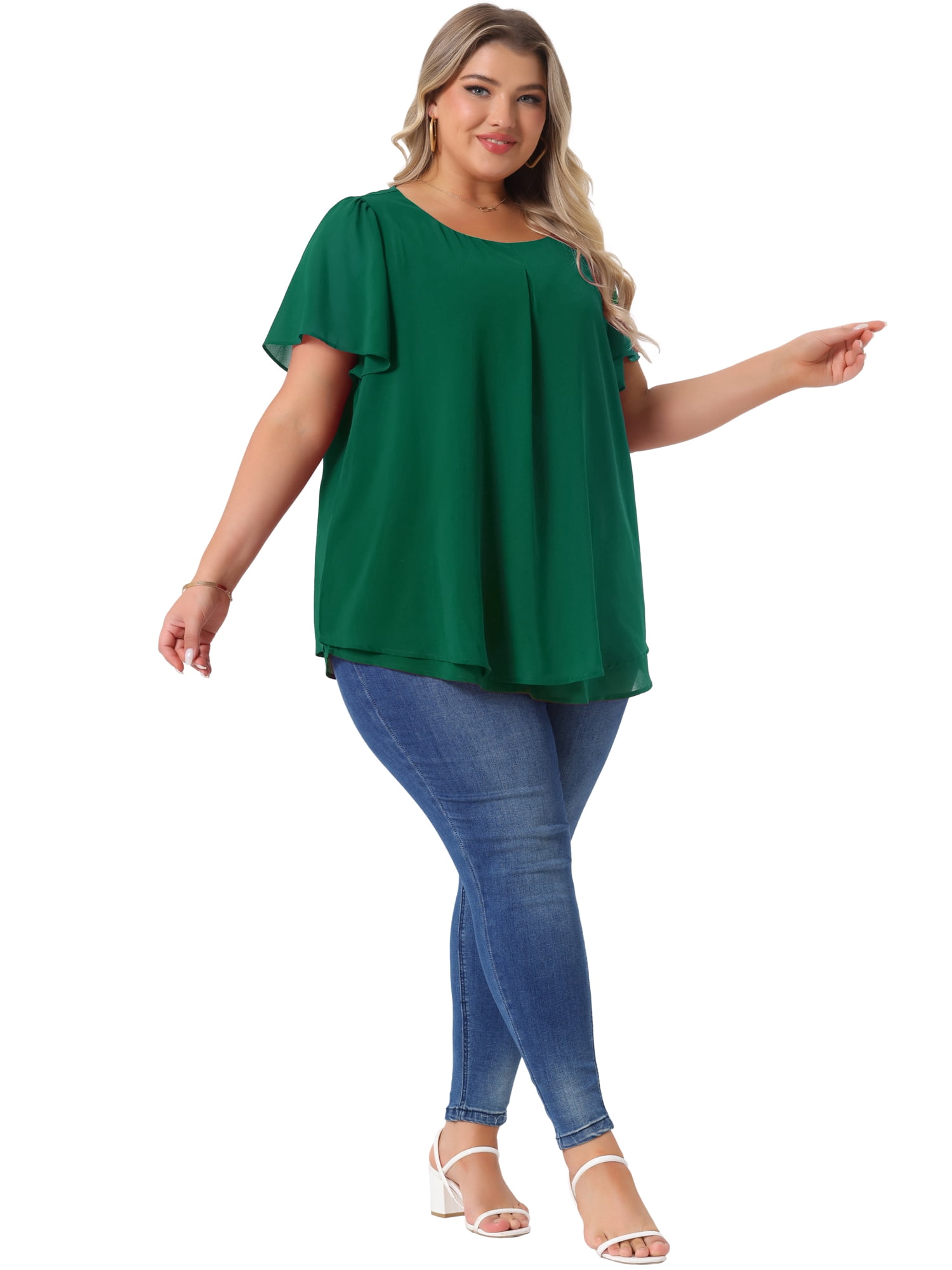 DARING DIVA Women's Plus Chiffon Ruffle Double-Layered Top 3X Dark Green