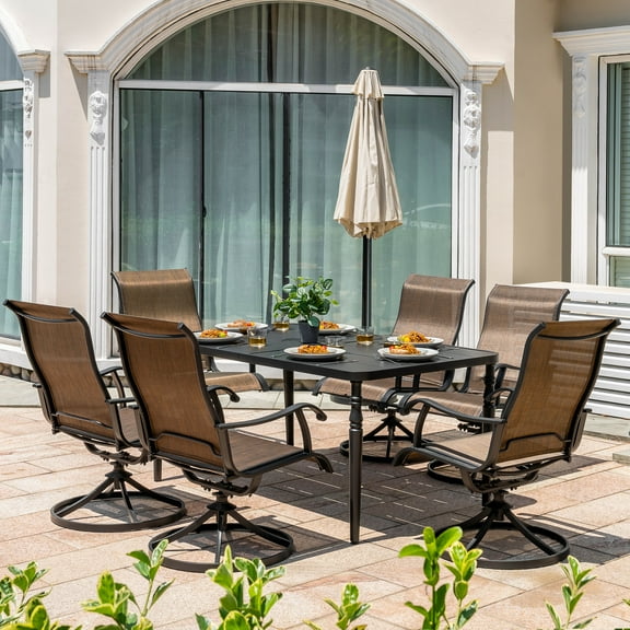 Nuu Garden 7 Pieces Outdoor Metal Dining Set, Patio Metal Dining Set of 6 Textilene Swivel Chairs and 1 Rectangular Table with Umbrella Hole, Slatted Tabletop and Powder-Coated Frame, Black and Brown
