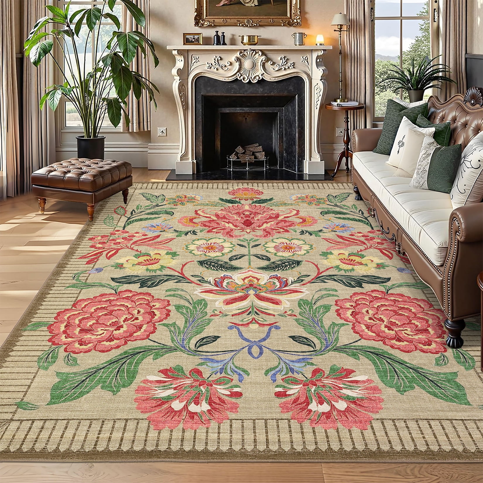 Hasoo Brown Washable Area Rugs 9' x 12' Rug for Living Room Floral Modern Non Slip Throw Indoor Carpet