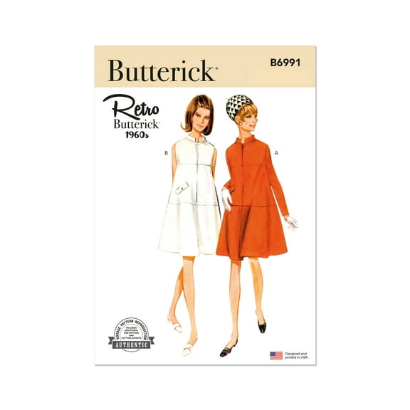 Butterick Sewing Pattern 6991 - 1960s Misses' Dress with Sleeve Variations, Size: Size: K5 (8-10-12-14-16)
