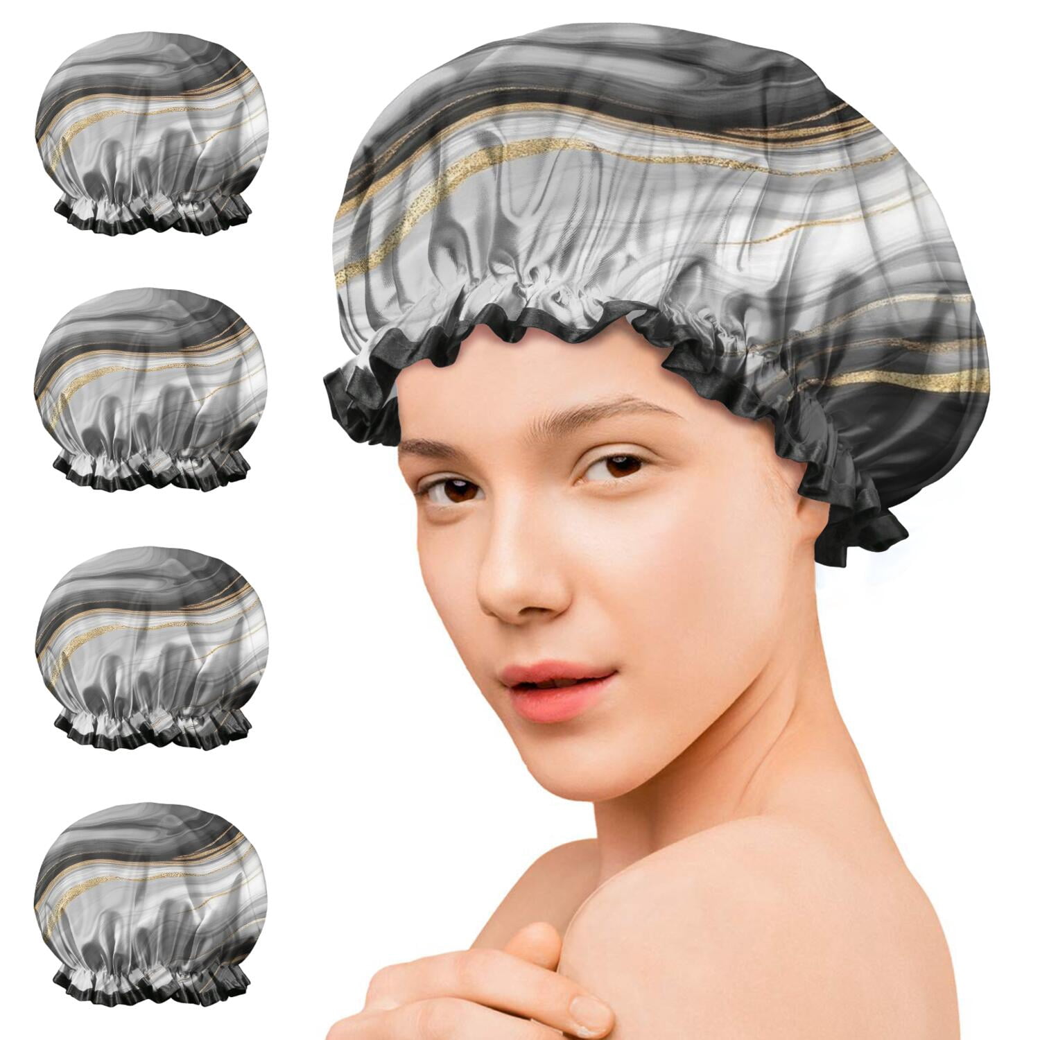 Shower Caps,Gray White Marble Gold Wave Pattern Waterproof Shower Cap for Women 4 Pieces,Double Reusable Hair Cover for Shower PEVA Elastic Stretch Hem