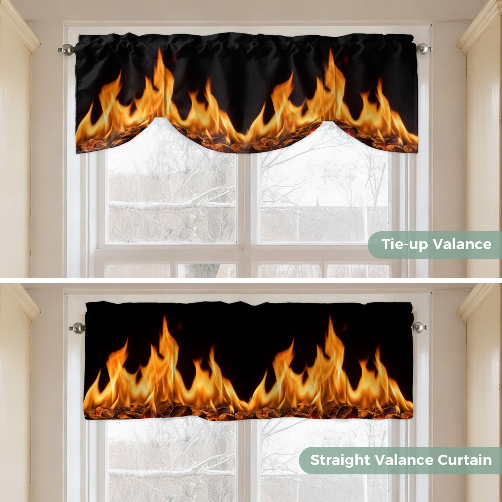 Orange Flames Tie Up Valances Curtain, Neon Style Black Background Kitchen Valances for Windows Decor, Rod Pocket Short Curtains Set for Bedroom/Bathroom, 54"x18"
