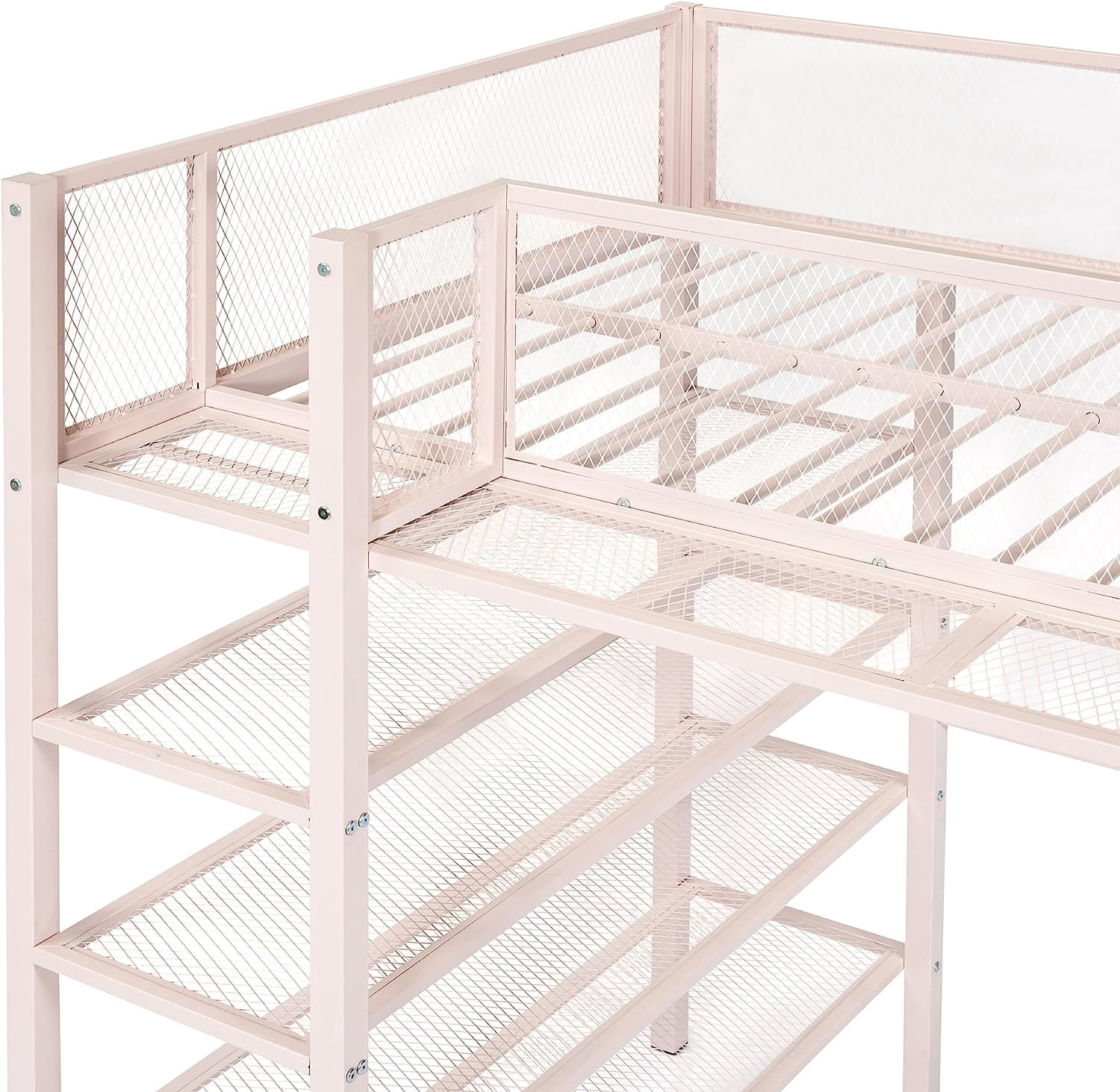 DEALTOPS Twin Size Metal Loft Bed with 4-Tier Shelves and Storage - Pink