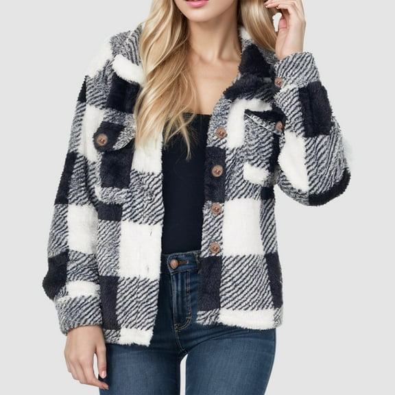 TTHXQING Ladies with Pockets Warm Plaid Lined Jacket Loose Outdoor Fuzzy Winter Coat Warehouse Deals Today