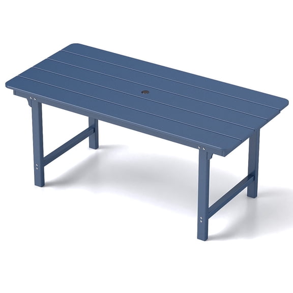 FOOWIN HDPE Outdoor Dining Table, Dining Table with Umbrella Hole, Blue