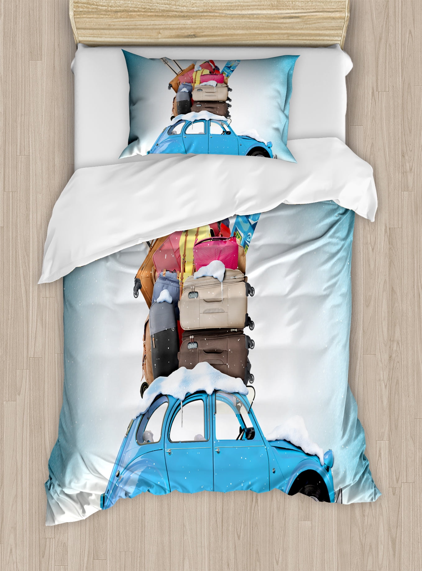 Winter Duvet Cover Set Traveling Themed Snowy Image Ski Baggage Winter Duvet Cover Set Traveling Themed Snowy Image Ski Baggage Items Blue Vintage Car Holiday Photograph Decorative Bedding With Pillow Shams