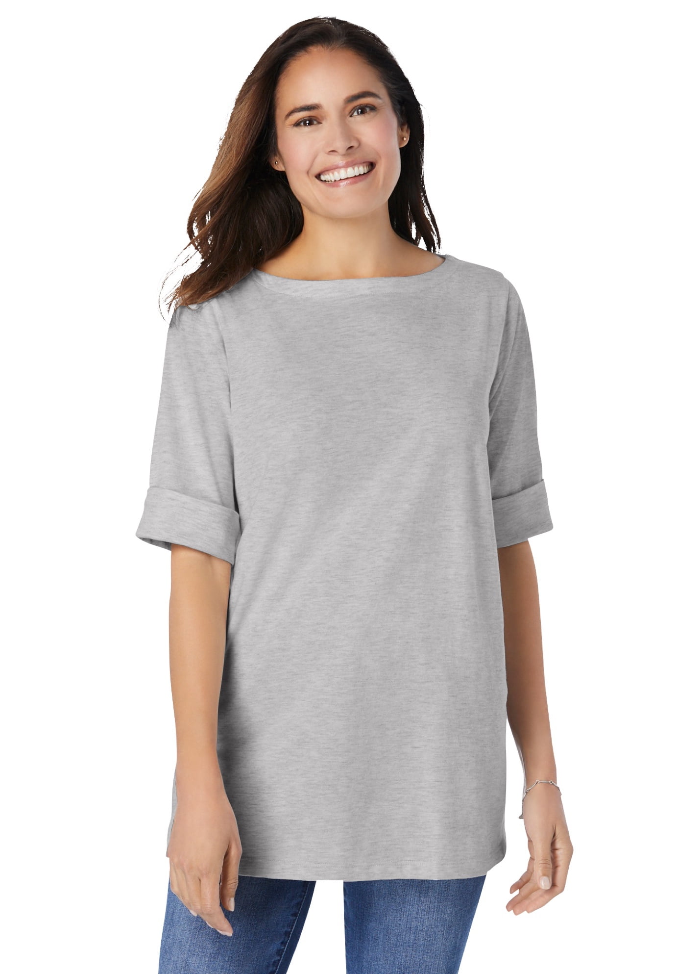 Woman Within Womens Plus Size Perfect Boatneck Cuffed-Sleeve Tee 