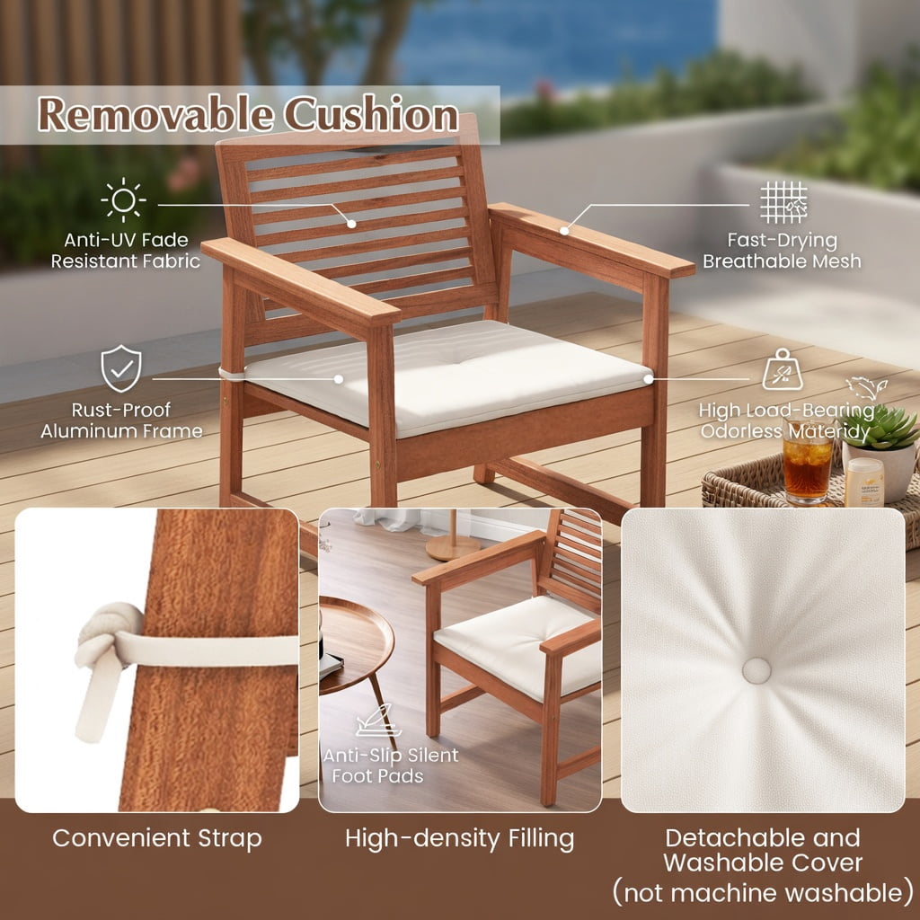 Hommoo 2-Pack Solid Wood Patio Dining Chairs with Off-White Cushions, Breathable Slatted Seat, Ergonomic Design for Backyard, Balcony & Poolside, Natural