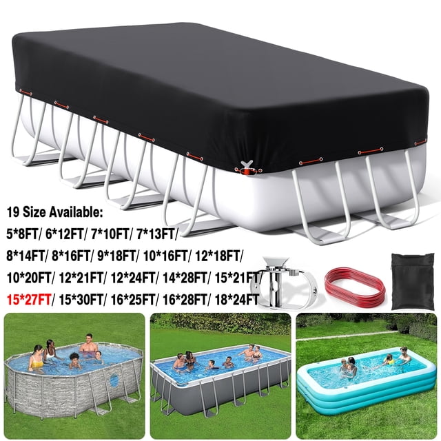SHELTUSE 15x27FT Rectangular Pool Cover for Above Ground Pool, Solar Oval Pool Cover Protection with Steel Rope, Ideal for Rectangular/Oval Frame Pool Waterproof & UV-Resistant, Black