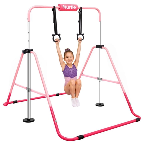 Hurtle Expandable Gymnastics Bar for Kids, 59-Inch Wide Adjustable Height Foldable Pull Up Bar with Hanging Rings, Foam Pad, Stable Triangle Frame, 145 lb Capacity