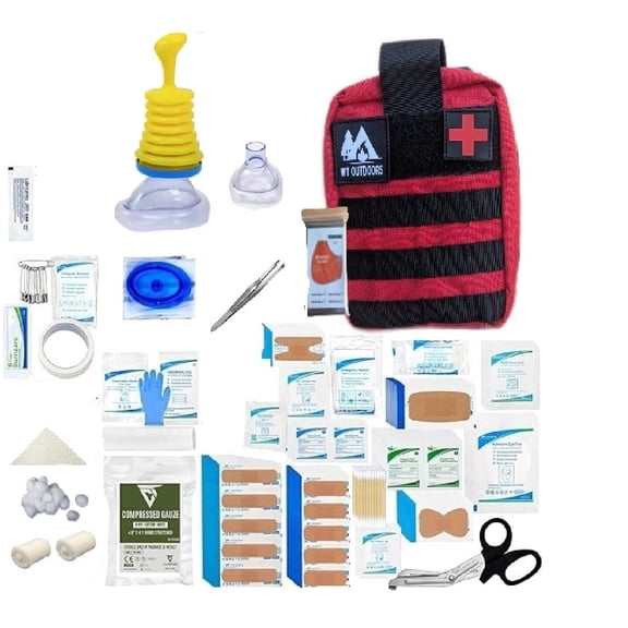 WT Outdoors First Aid with Anti Choke Device – Emergency Tactical Quick Deployment Bag with Burn Care,Wound Care,Survival Blanket, CPR Mask-Bleed Control