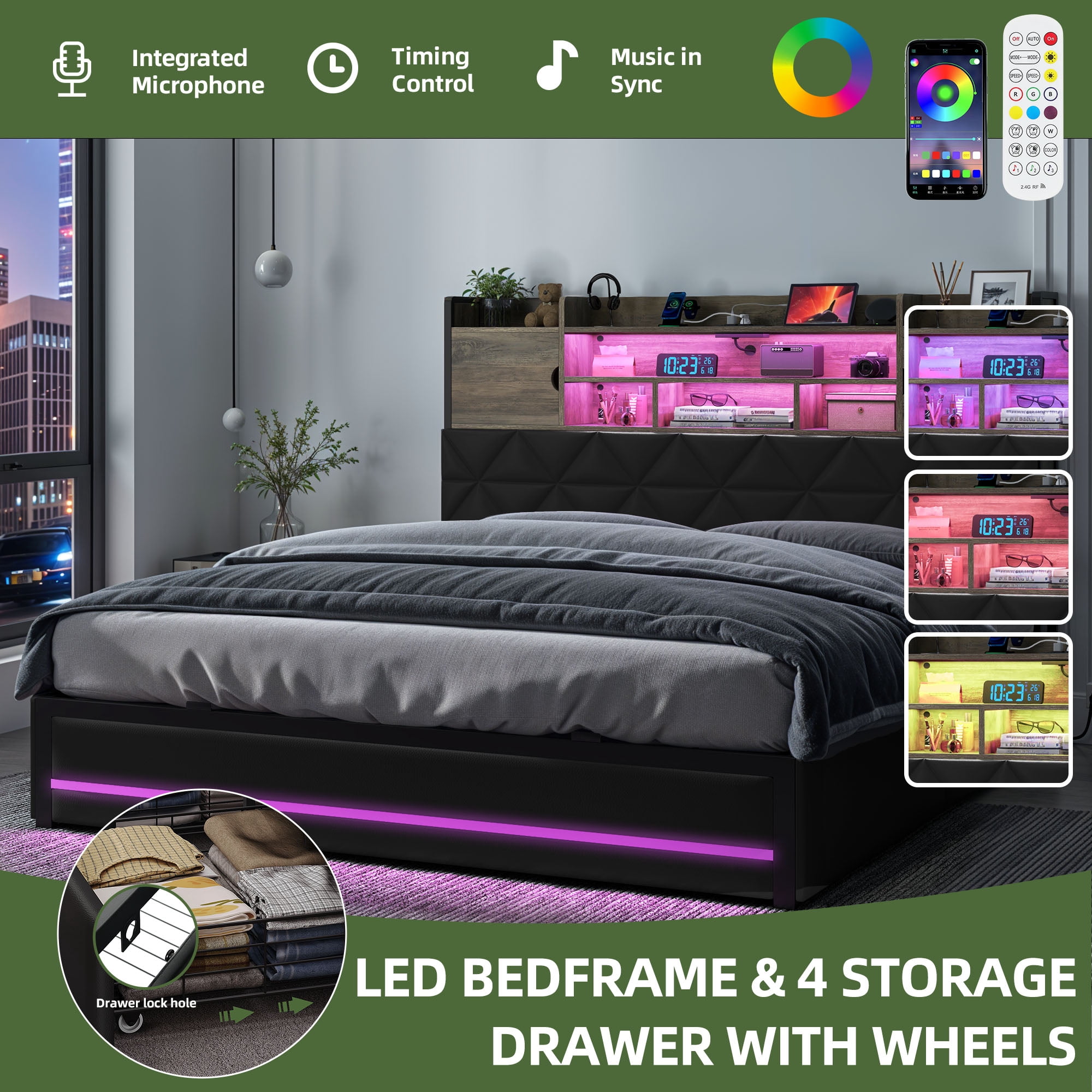 Uforic Queen Size PU Leather Platform Bed Frame with RGB Ambient Light, Bookcase Headboard & 4 Underbed Storage Drawers, Easy Assembly, Black