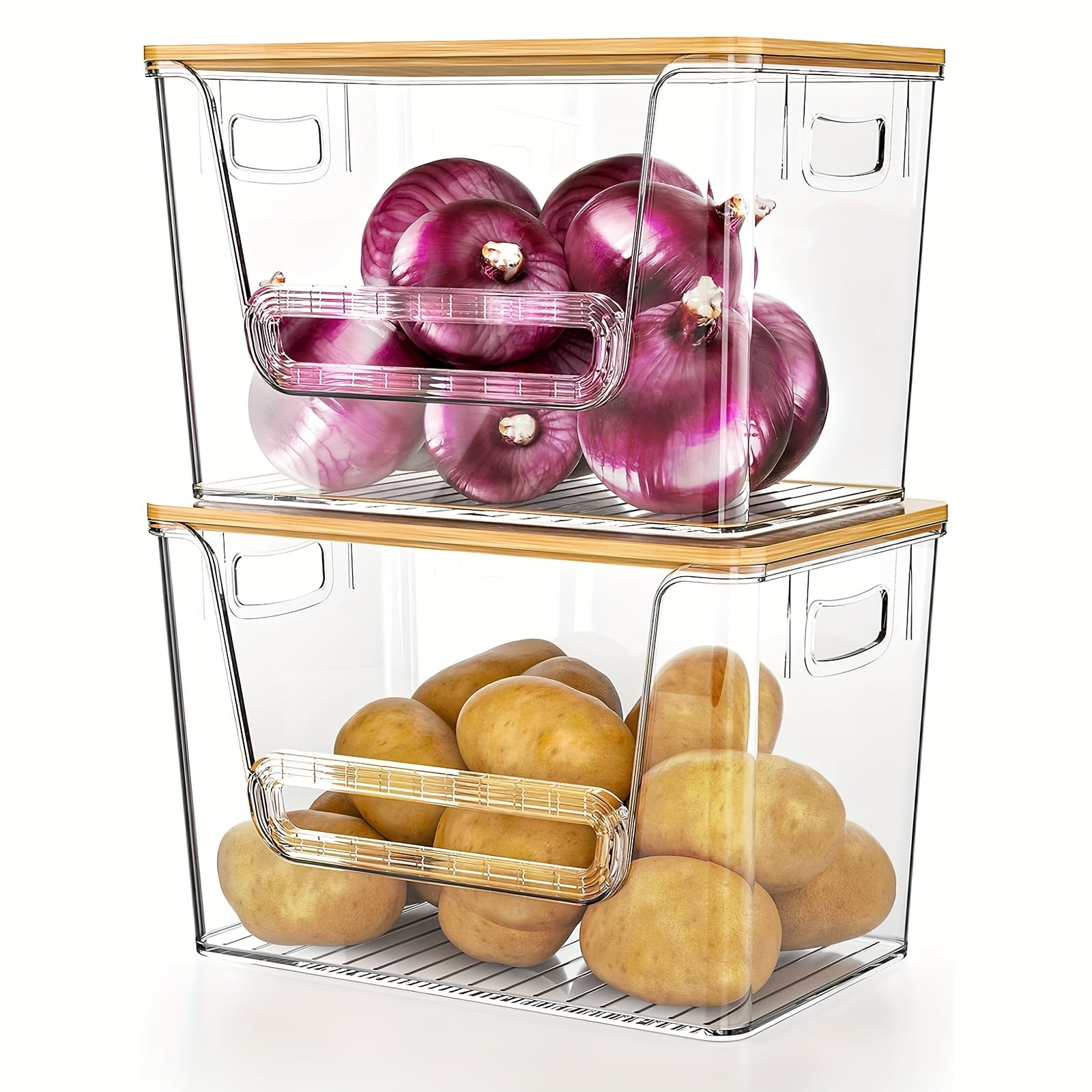 2-Pack Clear Stackable Pantry Organizers with Bamboo Top - Kitchen Produce Storage Bins