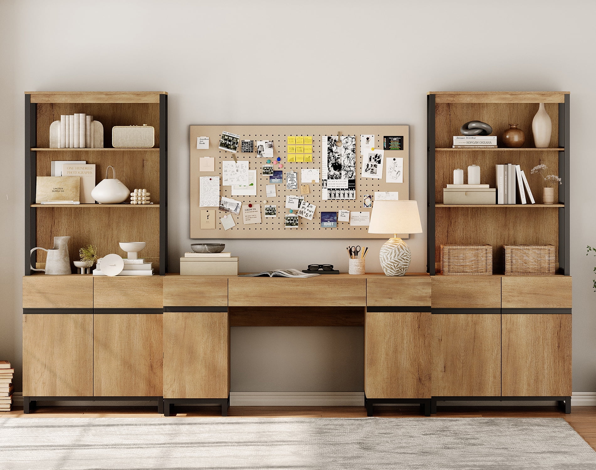 WAMPAT Home Office Set: 59" Modern Desk with Charging Station and Storage Cabinet, 72" Tall Bookcases with Adjustable Shelves, Wood Computer Desk and Library Storage Cabinet for Work Study, Oak