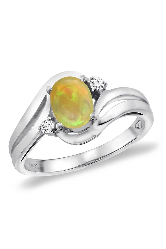 14K White Gold Diamond Natural Ethiopian Opal Bypass Engagement Ring Oval 8x6 mm, size 5