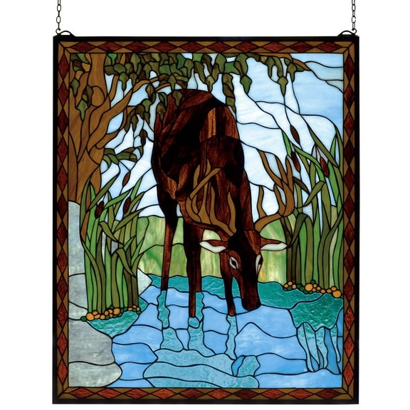 Meyda Lighting 25'W X 30'H Deer Stained Glass Window, Aq Amber Lt Blue - 72936