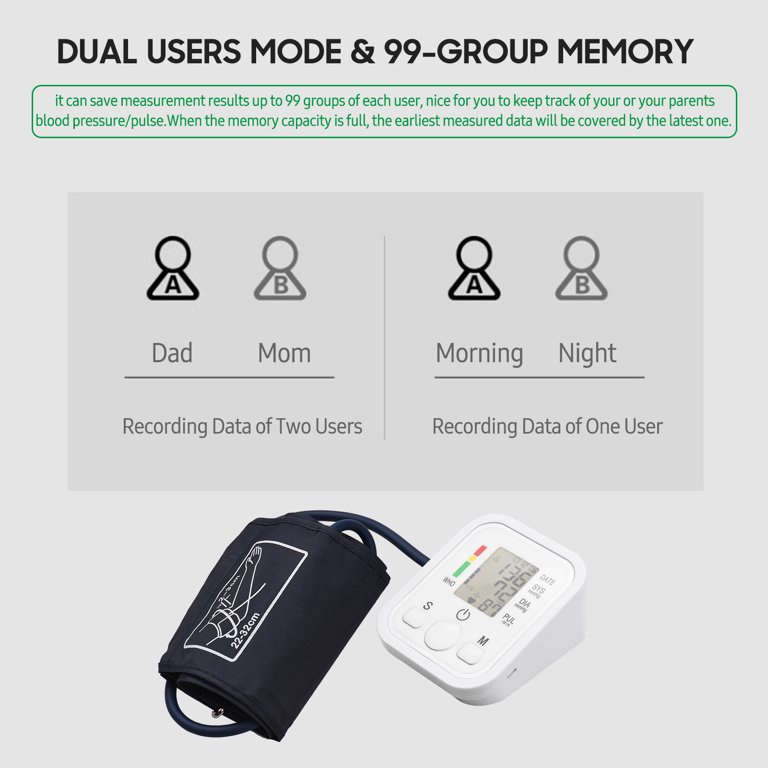 Blood Pressure Monitor with Upper Arm Cuff and AC Adapter, 2-User Mode,  Accurate Portable for Home Use, 8.6-14.2 inches