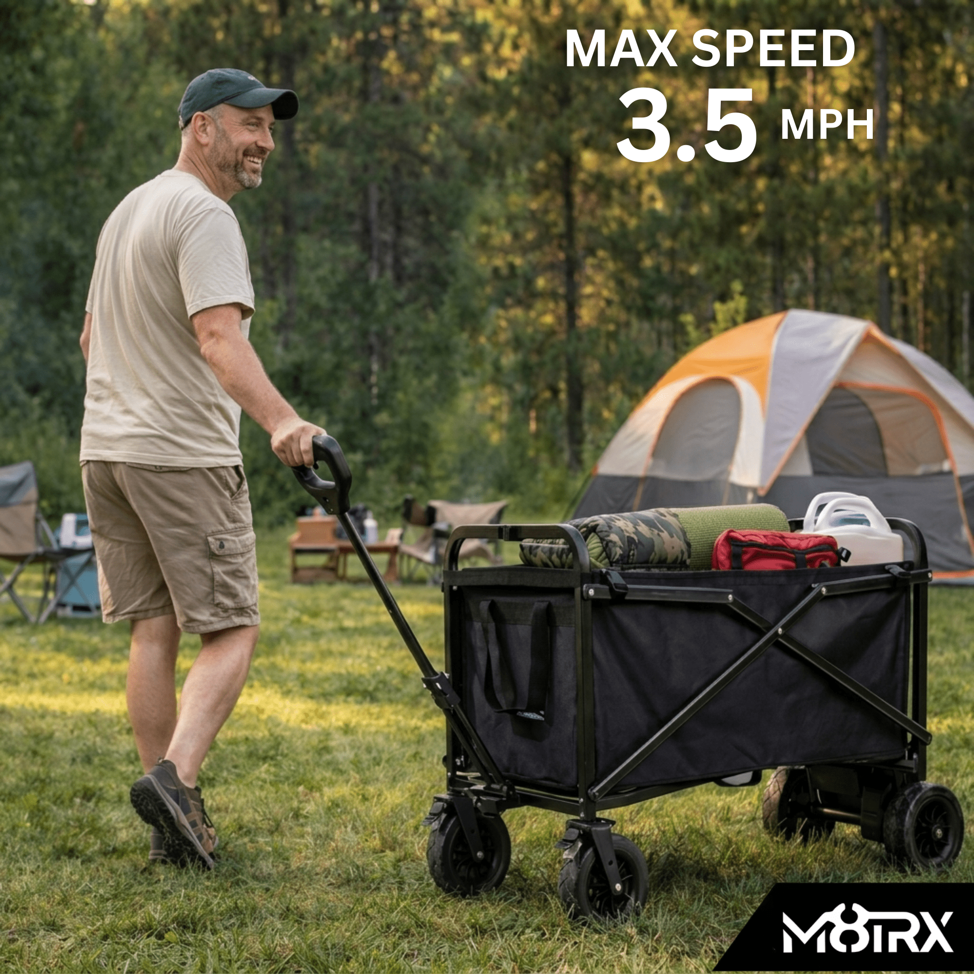 M8TRX SPORTS EA100 Electric Power Assist Wagon, 225 lb Heavy Duty Foldable Utility Cart with 24V Battery Motor Drive, Variable Speed Trigger, USB Charging, Camping Beach Garden Wagon
