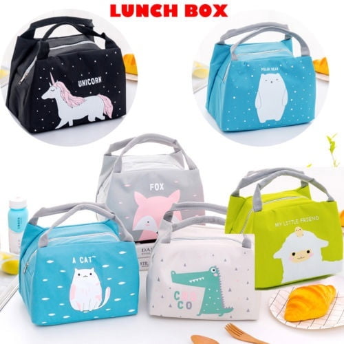 Portable Cartoon Unicorn Fox Bear Print Thermal Insulated Lunch Box Floral Bag Tote Bento Pouch Lunch Container
