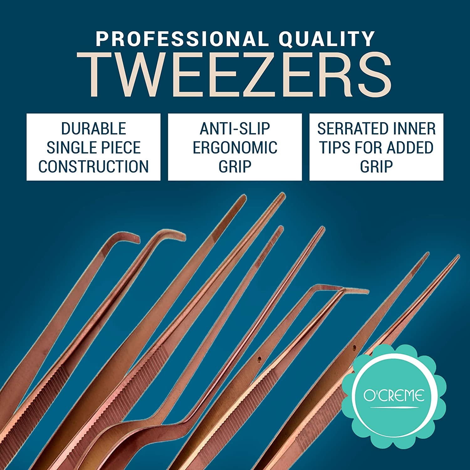 O'Creme Set of Culinary Tweezer Tongs Offset, Straight and Curved, Plus Super Sharp Chef Scissors, Total 6 Pieces Rose Gold