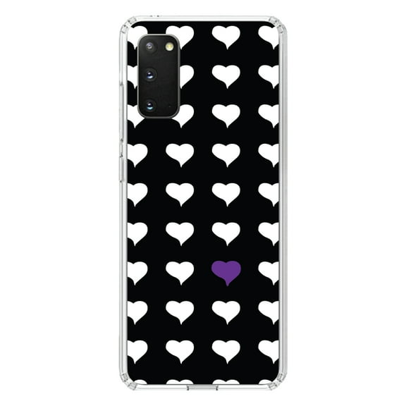 DistinctInk Clear Shockproof Hybrid Case for Galaxy S20 ULTRA / 5G (6.9" Screen) - TPU Bumper, Acrylic Back, Tempered Glass Screen Protector - Purple White Black Repeating Hearts